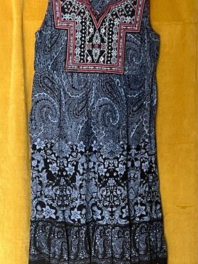 Bila blue patterned boho sundress with beaded detail in red and white Size Small